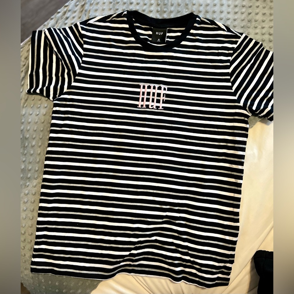 Huf Black, Grey, and White Horizontal Stripe Embroidered Pink Huf T-Shirt